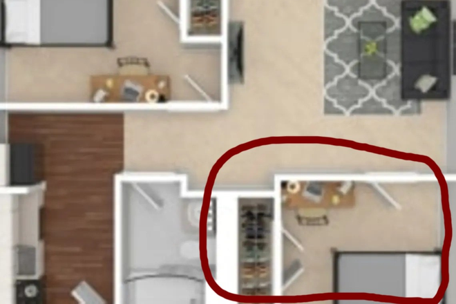 image of a diagram of the apartment with the bedroom being rented encircled - Yugo Greenville Campus Towers Apartments