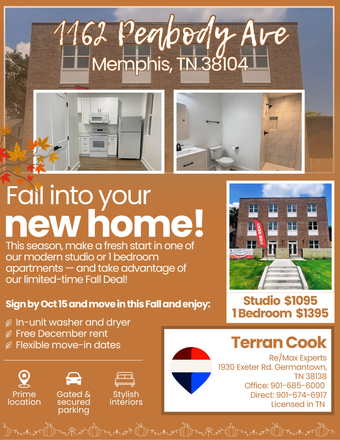 Fall special! - 1162 Peabody Ave brand new apartments close to medical district. Studio: & 1 bedroom available