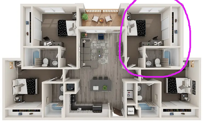 Overhead Floorplan - Sublease - 4x4 Apartment at The Retreat