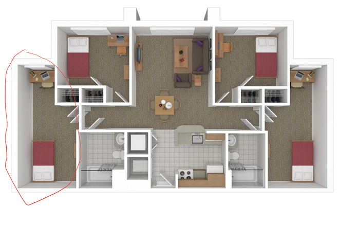 the layout of the apt, room circled is the apt for sublease - Commons 1 Apartments