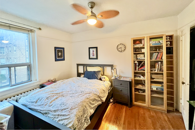 Bedroom, Queen bed, night stand, Book case. Ceiling fan with light, bedstand light. - Furnished bedroom in sunny Apt on 3rd floor, quiet neighbourhood. 3 blocks West of Y&E.