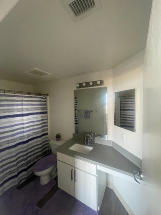 Private bathroom with a full-size vanity, large mirror, shower/tub combination, and additional counter space for storage. - University View Sublease – Private Bedroom & Bathroom Near UMD (Available January) Apartments