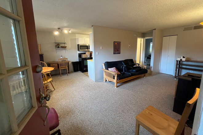 View of living room and entry to kitchen area from the front door - 1 br,  1 bath, modestly furnished-Wimbledon Condo