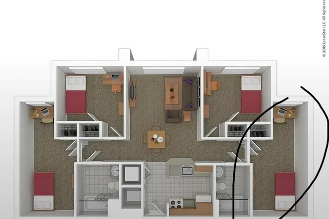 Kitchen, living room, bedroom to the right, and bathroom right next to it - South Campus Commons 3510D for rent in June + July Apartments