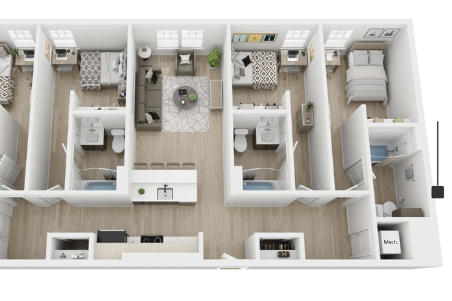 4 bedroom+bath (unit A), common spaces (kitchen, living room, laundry, etc) - Fieldstone Apartments
