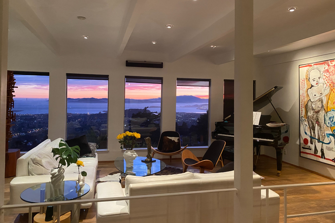 living room - Private bedroom  in a beautiful art filled Berkeley hills home with breathtaking views