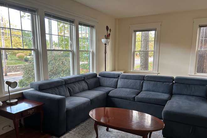 Spacious living room filled with light, a large sectional with a sofa bed and a large TV - Spacious 2-Bedroom Apartment with Bonus Room | Utilities Included | Prime East Side Location