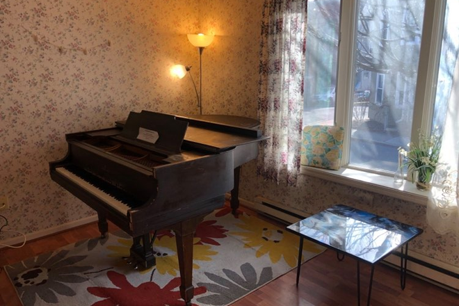 Living Room - Steinway Piano - Somerville Townhouse on Wilton Street - 3 Bedrooms Greenline subway Magoun Square T station