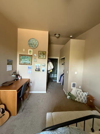 My (your) bedroom perspective from the bed. You can see the included desk, closet, and bathroom. - 950 Alder Apartments