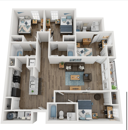floorplan - The Rendezvous Apartments close to campus, reletting 4 Bedroom 4 bathroom furnished