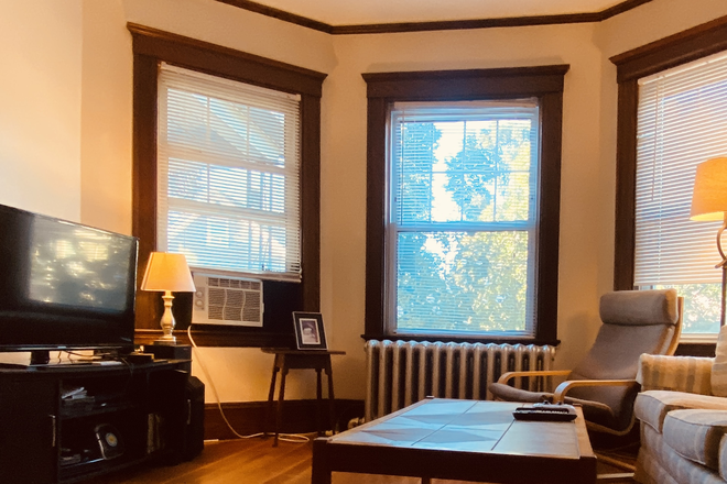 Living room with TV and southern exposure - SUNNY TWO BEDROOM APARTMENT CLOSE TO COMMUTER RAIL WITH ONE PRIVATE