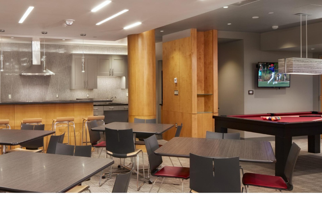 common room with big kitchen and tables, pool table - Sun-soaked private room with a green garden view near Harvard Law School