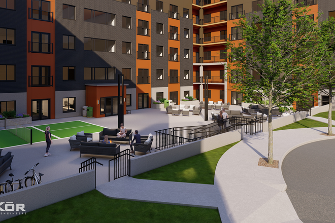 Courtyard with Pickleball Court And Fire Pits - Brand New Luxury 1 Bed With Balcony At Purdue—Vine St, West Lafayette Apartments