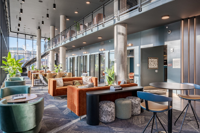 Downstairs lobby with study rooms - Verve West Lafayette Apartments