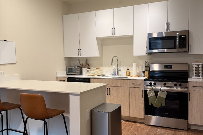 Fully furnished kitchen with stainless steel appliances and plenty of cabinet space. - Nine31 Entire Furnished 2x2 Lease Takeover | No Roommate | Available ASAP