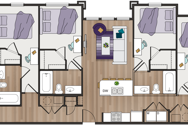 Apartment Floor Plan, Room 3 (Third from left) for rent - Flatiron 5 Bed 5 Bathroom E1 Apartment - 1 Bedroom with personal Bathroom