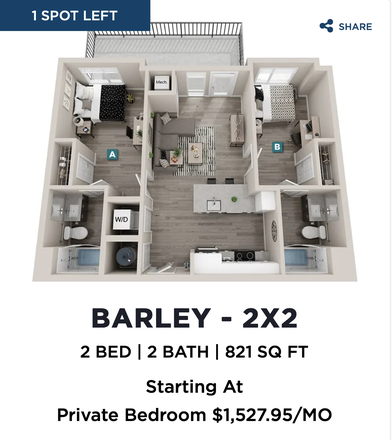 Barley Floorplan - 1 Private Bedroom with Private Bathroom - The Standard at Eugene