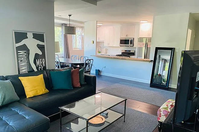 Living room with view of kitchen - Beautifully Renovated Sun-Filled Apartment with Parking ~1.5 miles from Georgetown Med School an