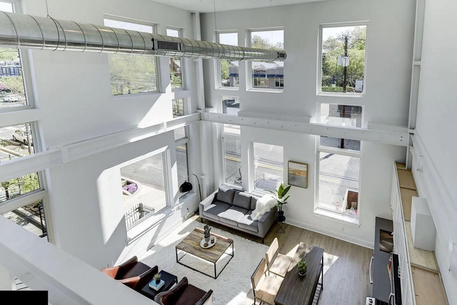 Living Room and Kitchen - Beautiful 2b/2b loft condo with 500ft private roof deck: walkable restaurants, bars, Trade Joe's