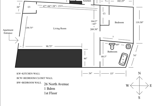 floorplan, not to scale, measurements approximate - 1 bedroom, 1 bath, first floor