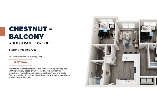 Floorplan - Private bedroom and bathroom in 3-person apartment at The Standard Four Corners