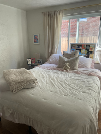 Large bedroom with large window and walk in closet; furnished with a queen sized bed, dresser, nightstand and TV. - Private 1 bed, 1 bath available spring semester