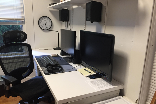 desk from rm entrance; TV/ monitor - Furn Studio 1st fl. w utilit & AC; Port Sq; wash, dry, bath, kitch, refrig. ceram cooktp, Intnet, TV