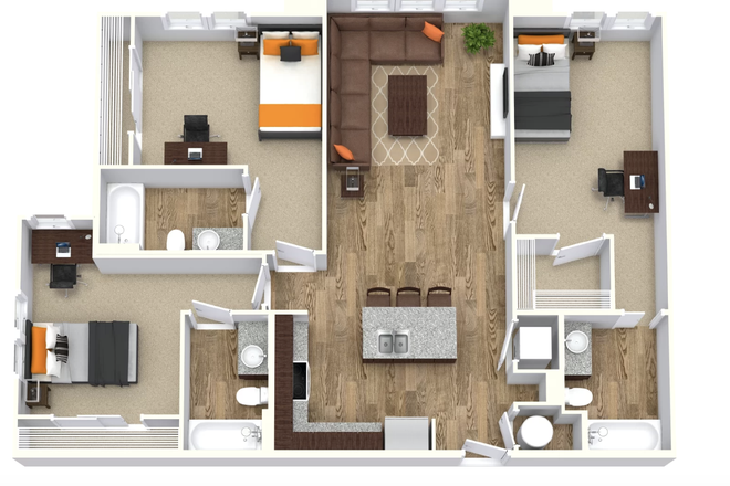 You would be in the bedroom in the top right. The balcony is not shown; it connected to the other side of the wall behind the couch. - University Walk 3 Bed, 3 Bath with Balcony Apartments