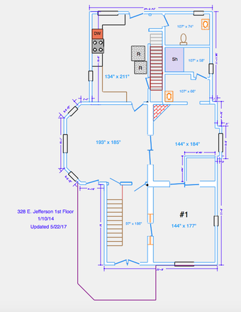 1st floor layout - Avail August, 5 of 6 bedrooms in 6 bedroom/6 bath house at 328 E Jefferson  one block W of Diag