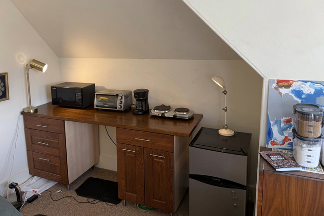 Current view: all-electric kitchen, fridge, microwave, Forman grill, two-burner hotplate - Large airy studio, walk to B.C. Law & 57 bus, in Victorian house; w private bath, walk-in closet