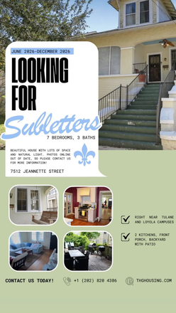 Flyer with photos of bedrooms and common rooms - 7-Bedroom House- 3 Stories- Close To Campus- Rent Individually and/or With Groups