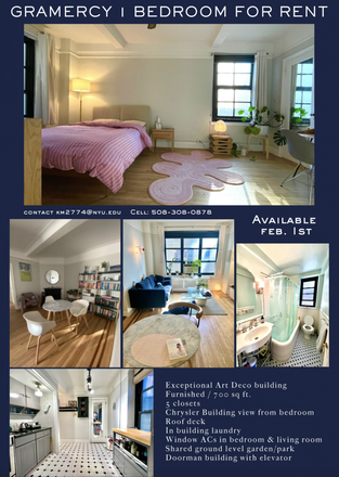 Rental flyer - Spacious Furnished Gramercy 1 Bedroom (near NYU bus stop by Gramercy dorm) 24 hr Doorman Sunny Roof Apartments