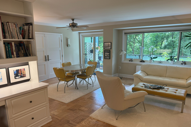 Living room with dining and office spaces - Spacious furnished 1-brm apartment with large balcony and close to campus, shops, restaurants