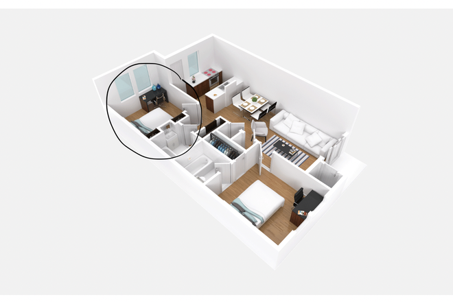 A Virtual look at the outline of the apartment. In circle is the available room and bathroom. The bathroom is detached. - Seahawk Retreat- Close to campus Apartments