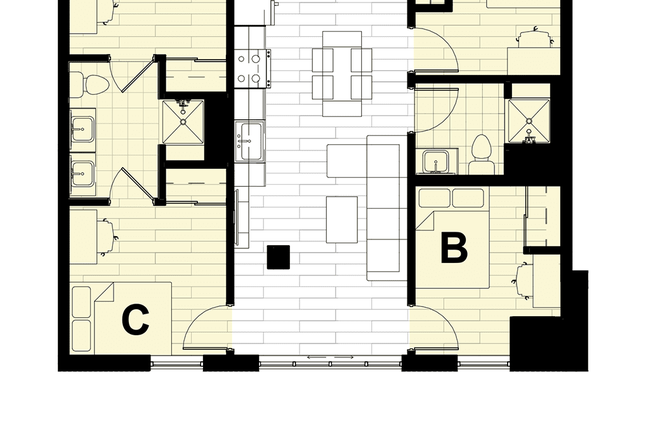 ex. Floorplan. Bedroom D - HUB State Street Apartment 949-D