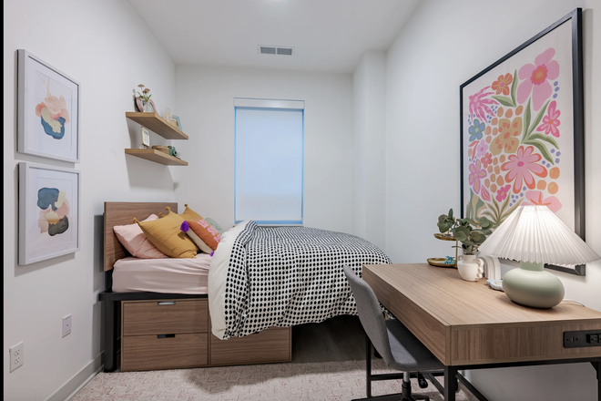 floorplan, room is a corner unit with attached bathrooms - Verve West Lafayette Sublease for this Summer! Close to Campus + Discounted Rent Apartments