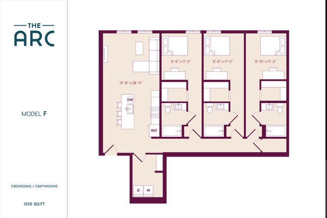 The virtual tour only has Model E, but model F has the same necessities but just a different layout. - The Arc Apartments