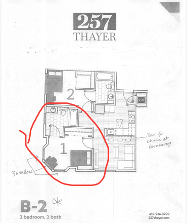 Layout, bedroom and bathroom circled - Summer Sublease in Luxury Building, Great Location Apartments