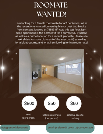 Flyer pg. 1/3 - Roommate for 2-bedroom unit at University Manor
