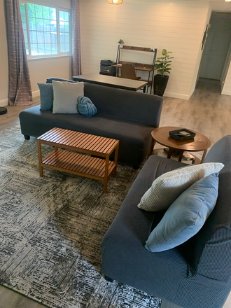 Fully furnished living room, smart TV, common use work area with laser printer - Quiet home, two furnished bedrooms with a shared bath, co-ed house