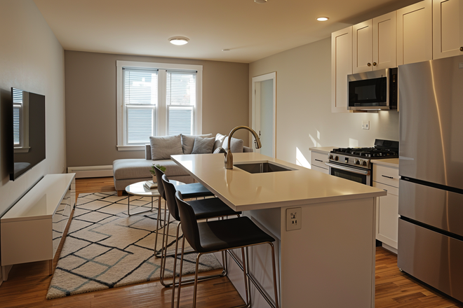 living room/kitchen (virtually staged) - **NO BROKERS FEE!!**  3 Bed/1 Bath w/ LAUNDRY IN UNIT! Avail. 9/1/26!!