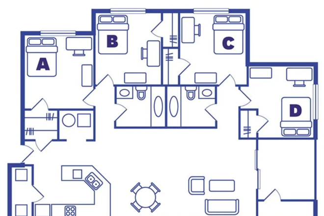 Floorplan showing Room B, the unit itself is 4bd 2ba. Extremely spacious with no pets, clean, and smoke-free. Apartment view of trail. - Alight West Blacksburg Apartment Spring Sublease *Preferably Girl*