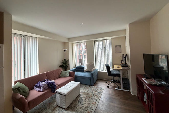 Living room - Summer Sublet: Entire Furnished 1BR/1BA at One Western Ave – Walkable to Harvard + Easy Bus Access Apartments