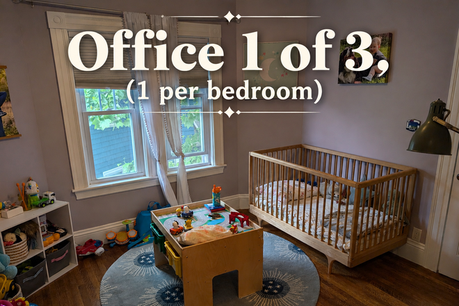 Office 1 area - 3BR, 2nd/3rd Floor Unit #2 in West Medford. <2 min walk to train/bus. Each BR gets office! Apartments