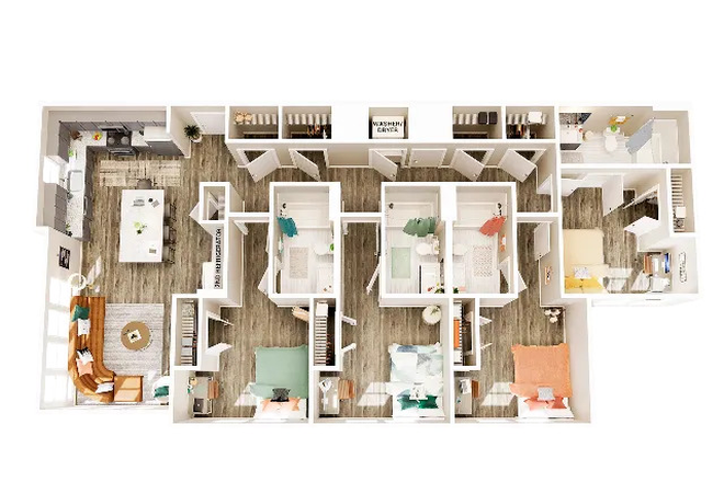 Single floor layout with each room having it's own bathroom. There is a kitchen and living area. The apartment is furnished. - Union Blacksburg Apartments