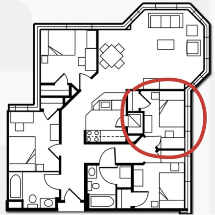 Available bedroom circled in image - South Campus Commons 1, bedroom available in lovely corner unit Apartments