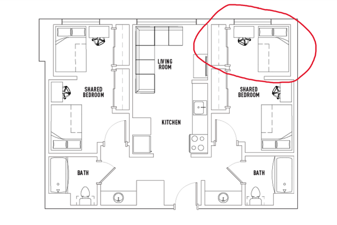 Floorplan, bed circled in red. - Lightview Apartments