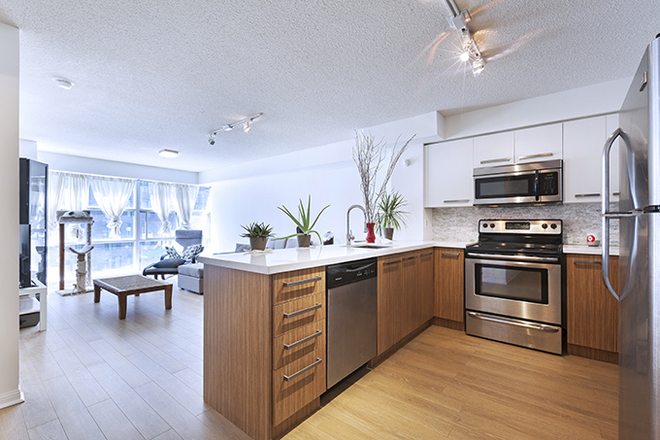 Kitchen facing to living room - Bright 1b Condo - Yonge & Wellesley - Utilities, Parking & Locker included - $2800