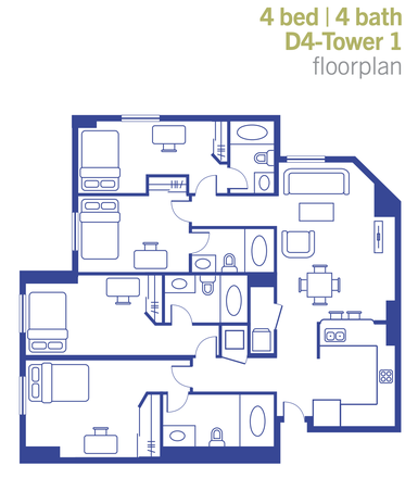 Floorplan - Spacious 4x4 Apartment Rooms Available for Sublease – University View Tower 1