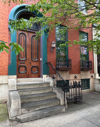 Front door with lantern and railing for safety - Roommate sought for Mount Vernon Townhouse, a few blocks from Peabody and Hopkins shuttle